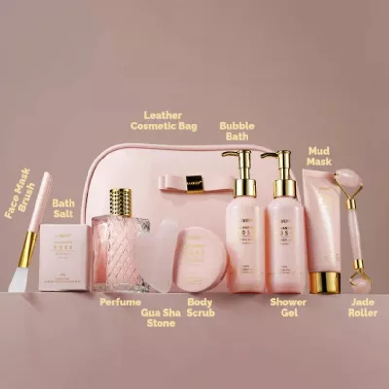 Luxury Enchanted Rose Bath & Body Beauty Kit with Leather Bag, Jade Roller & More