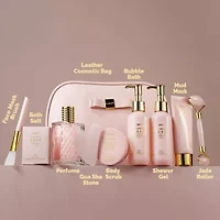 Luxury Enchanted Rose Bath & Body Beauty Kit with Leather Bag, Jade Roller & More