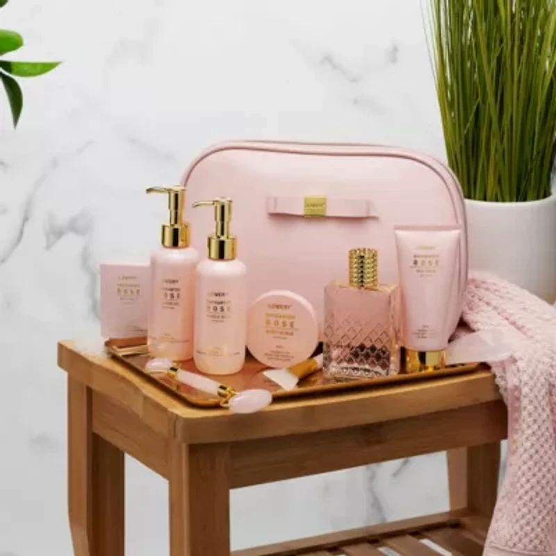 Luxury Enchanted Rose Bath & Body Beauty Kit with Leather Bag, Jade Roller & More