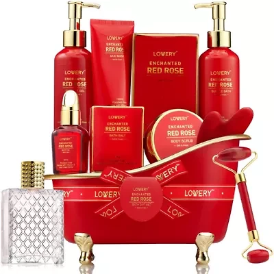 Luxe 11pc Red Rose Bath and Body Set with Perfume, Jade Roller, Gua Sha & More