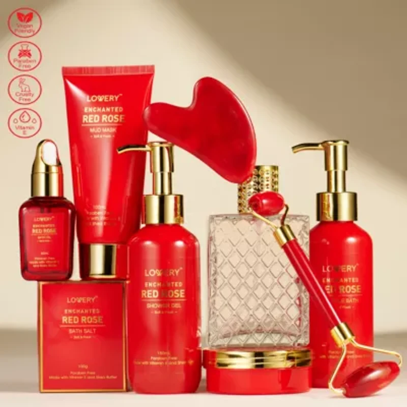 Luxe 11pc Red Rose Bath and Body Set with Perfume, Jade Roller, Gua Sha & More