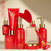 Luxe 11pc Red Rose Bath and Body Set with Perfume, Jade Roller, Gua Sha & More