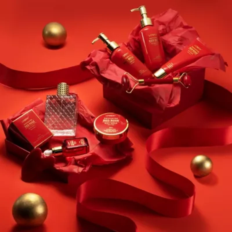 Luxe 11pc Red Rose Bath and Body Set with Perfume, Jade Roller, Gua Sha & More