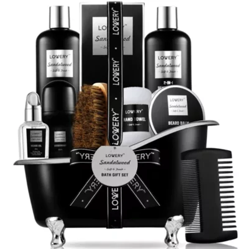 Deluxe Sandalwood Self Care Grooming Beard Kit, 10pc Bath and Body Relaxing Set