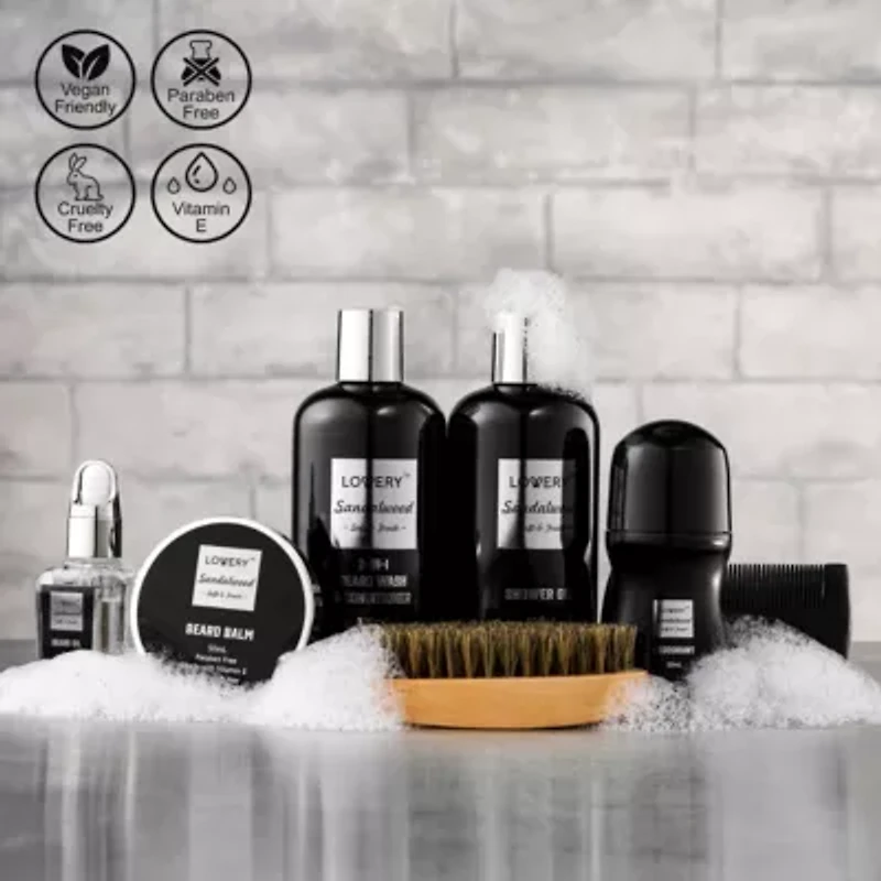 Deluxe Sandalwood Self Care Grooming Beard Kit, 10pc Bath and Body Relaxing Set