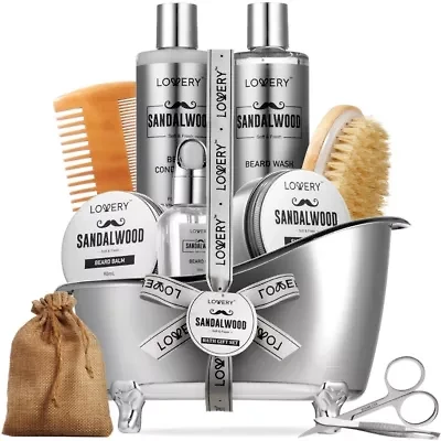 Luxury Silver Mens Bath and Body Gift Set, Sandalwood Selfcare Beard Grooming Kit