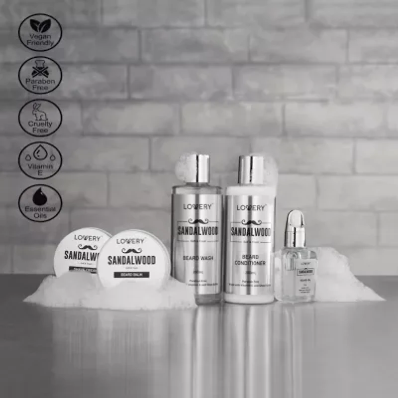 Luxury Silver Mens Bath and Body Gift Set, Sandalwood Selfcare Beard Grooming Kit