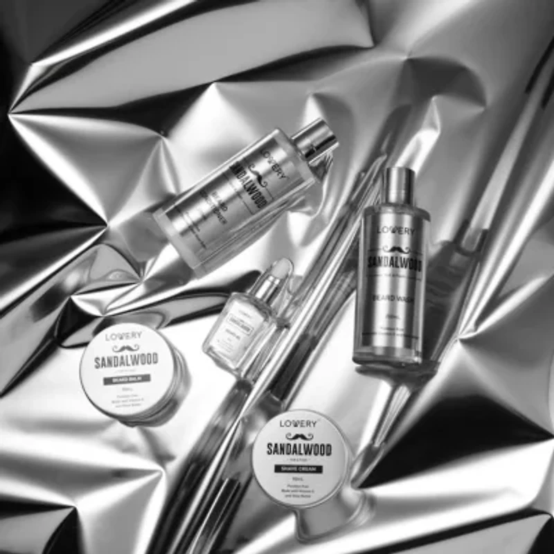 Luxury Silver Mens Bath and Body Gift Set, Sandalwood Selfcare Beard Grooming Kit