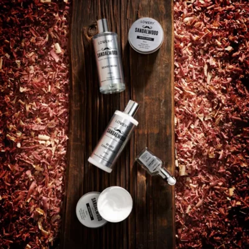 Luxury Silver Mens Bath and Body Gift Set, Sandalwood Selfcare Beard Grooming Kit