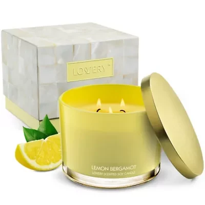 Luxury Lemon Bergamot Candle Gift Set, 3 Wick Decorated Home Candles