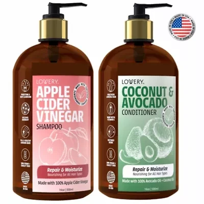 Apple Cider Vinegar Shampoo and Coconut Avocado Conditioner Set, Made in USA, 16oz.
