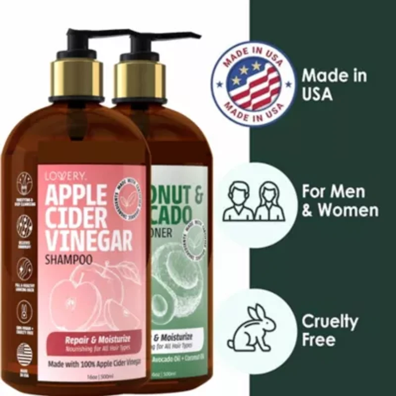 Apple Cider Vinegar Shampoo and Coconut Avocado Conditioner Set, Made in USA, 16oz.