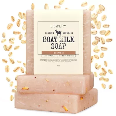 Lovery Handmade Goat Milk Soap Bar with Organic Shea Butter - 3Pack Oatmeal Scent Made in USA