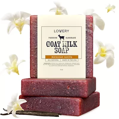 Lovery Handmade Goat Milk Soap Bars with Organic Shea Butter - 3Pack Moroccan Vanilla Scent Made in USA