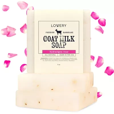 Lovery Handmade Goat Milk Soap Bars with Organic Shea Butter - 3Pack Hydrangea Rose Scent Made in USA