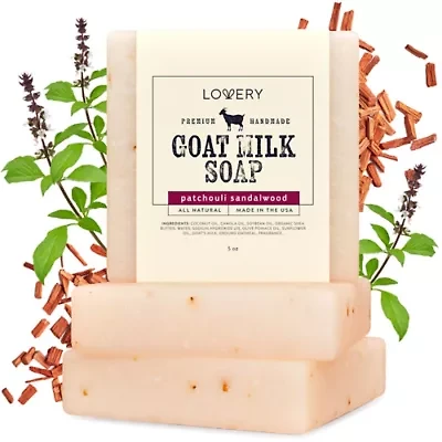 Lovery Handmade Goat Milk Soap Bars with Organic Shea Butter - 3Pack Patchouli Sandalwood Scent Made in USA