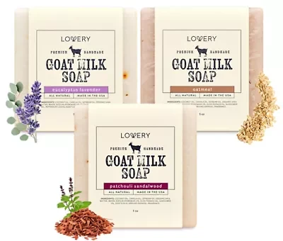 Lovery - Handmade Goat Milk Soap Made in USA with Organic Shea Butter - Goats Milk Soap Bars - Oatmeal, Eucalyptus Lavender, Patchouli Sandalwood Bar - All Natural Soap Bar, 3 Pack
