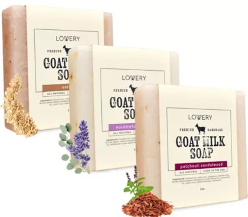 Lovery - Handmade Goat Milk Soap Made in USA with Organic Shea Butter - Goats Milk Soap Bars - Oatmeal, Eucalyptus Lavender, Patchouli Sandalwood Bar - All Natural Soap Bar, 3 Pack