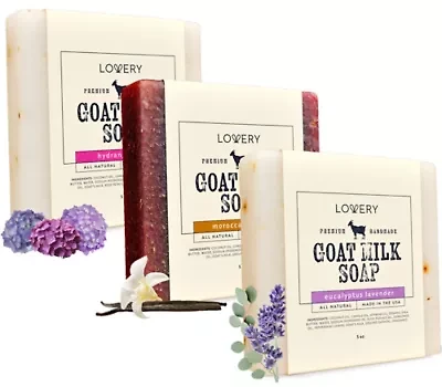 Lovery - Handmade Goat Milk Soap Made in USA with Organic Shea Butter - Goats Milk Soap Bars - Eucalyptus Lavender, Moroccan Vanilla, Hydrangea Rose - Oatmeal Soap Bar - All Natural Soap Bar, 3 Pack