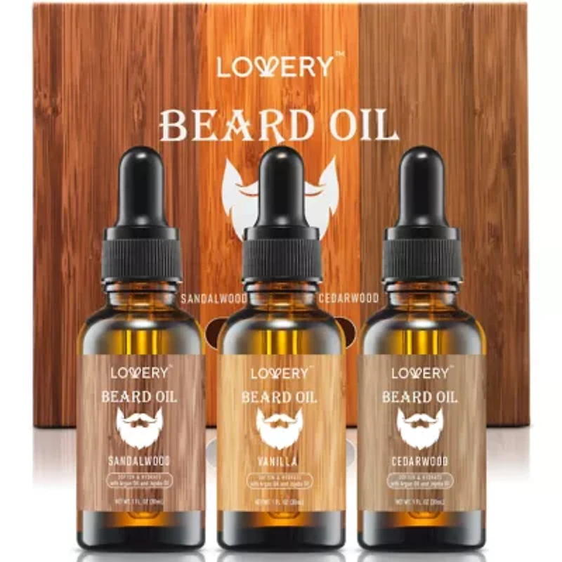 Lovery 3-Pack Beard Oil For Men with Argan Oil and Jojoba Oil Gift Set - Sandalwood, Vanilla, and Cedarwood Scent