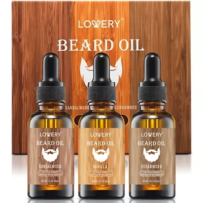 Lovery 3-Pack Beard Oil For Men with Argan Oil and Jojoba Oil Gift Set - Sandalwood, Vanilla, and Cedarwood Scent