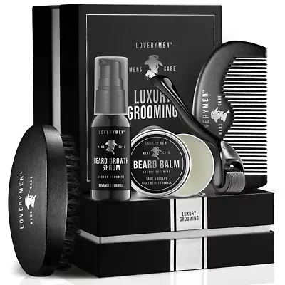 LOVERYMEN 5-Piece Beard Growth Kit - Ultimate Beard Care Set with Growth Serum, Balm, Derma Roller, Comb, Brush in Elegant Gift Box