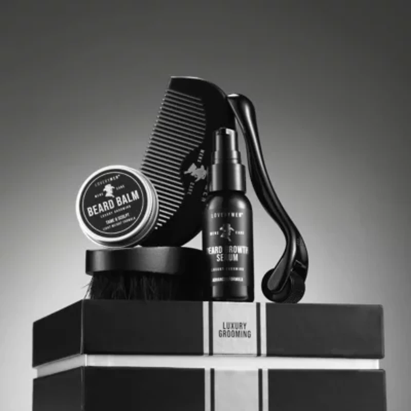 LOVERYMEN 5-Piece Beard Growth Kit - Ultimate Beard Care Set with Growth Serum, Balm, Derma Roller, Comb, Brush in Elegant Gift Box