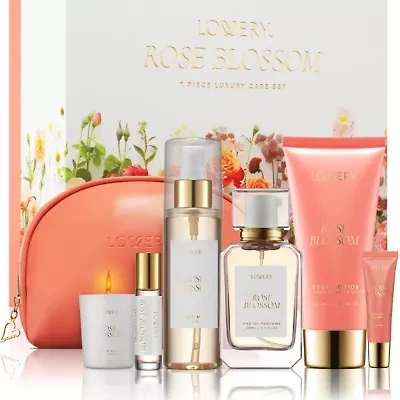 Lovery Rose Blossom Bath and Body Care Fragrance Set, 8pc. Luxury Gift Set with Cosmetic Bag