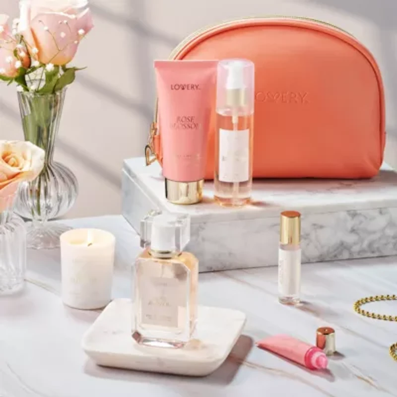 Lovery Rose Blossom Bath and Body Care Fragrance Set, 8pc. Luxury Gift Set with Cosmetic Bag