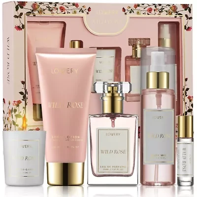 Lovery Wild Rose Bath and Body Care Fragrance Set, Luxury Gift Set with Soy Candle and more