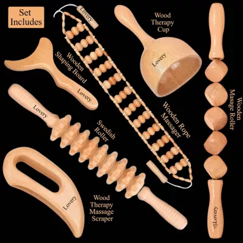 Lovery 6-Piece Wooden Massage Tool Kit - Natural Wood Therapy Set for Body Sculpting & Relaxation