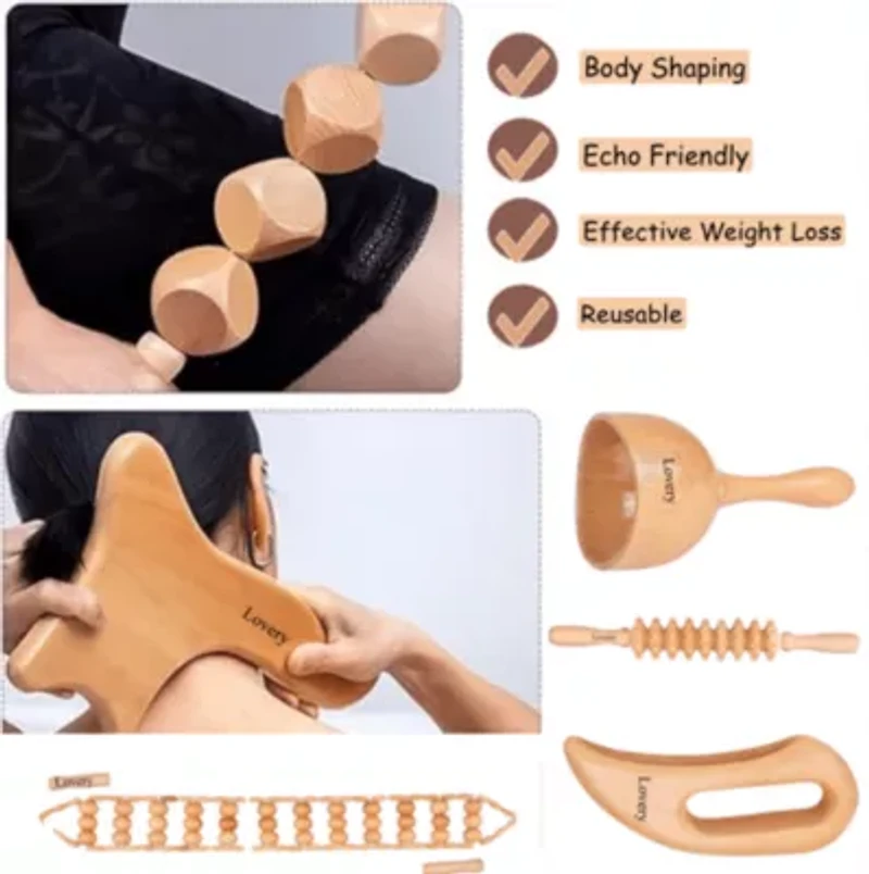 Lovery 6-Piece Wooden Massage Tool Kit - Natural Wood Therapy Set for Body Sculpting & Relaxation