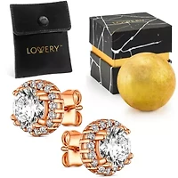 14K Rose Gold Plated Halo CZ Stud Earring with Pouch, Bath Bomb & Gift Box