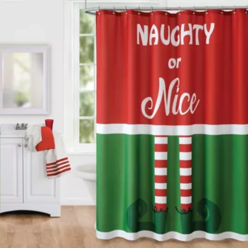 Elf Naughty or Nice Christmas Holiday Fabric Shower Curtain for Bathroom, Red/Green - 70" x 72"