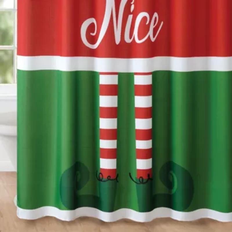 Elf Naughty or Nice Christmas Holiday Fabric Shower Curtain for Bathroom, Red/Green - 70" x 72"