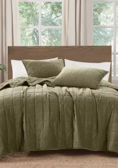 Brooklyn Loom Matte Cotton Velvet Wavy Square Stitch Quilt Set