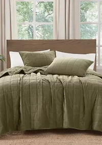 Brooklyn Loom Matte Cotton Velvet Wavy Square Stitch Quilt Set