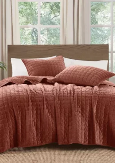 Brooklyn Loom Matte Cotton Velvet Wavy Square Stitch Quilt Set