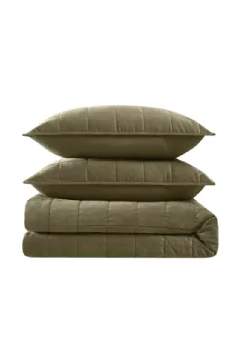 Brooklyn Loom Matte Cotton Velvet Wavy Square Stitch Quilt Set