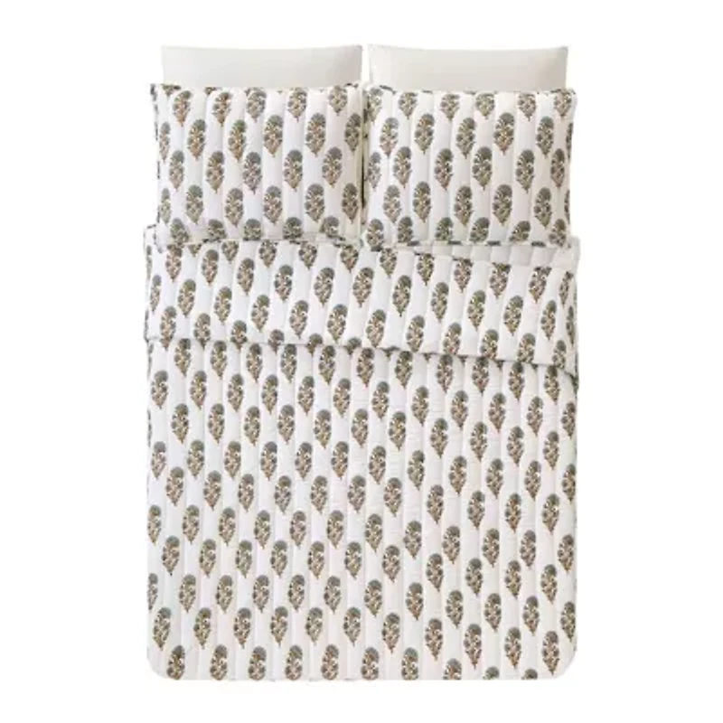 Mughal Flower Block Print 3-Piece Quilt Set