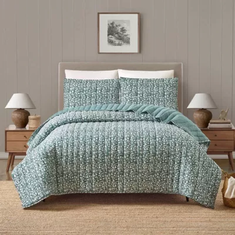 Floral Vine Silhouette Block Print 3-Piece Quilt Set