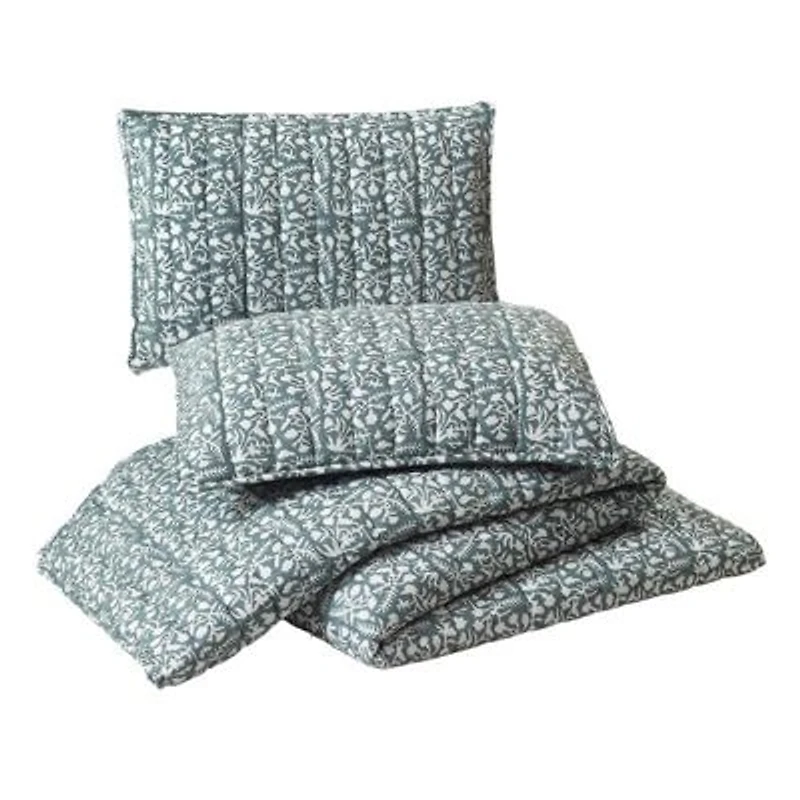Floral Vine Silhouette Block Print 3-Piece Quilt Set