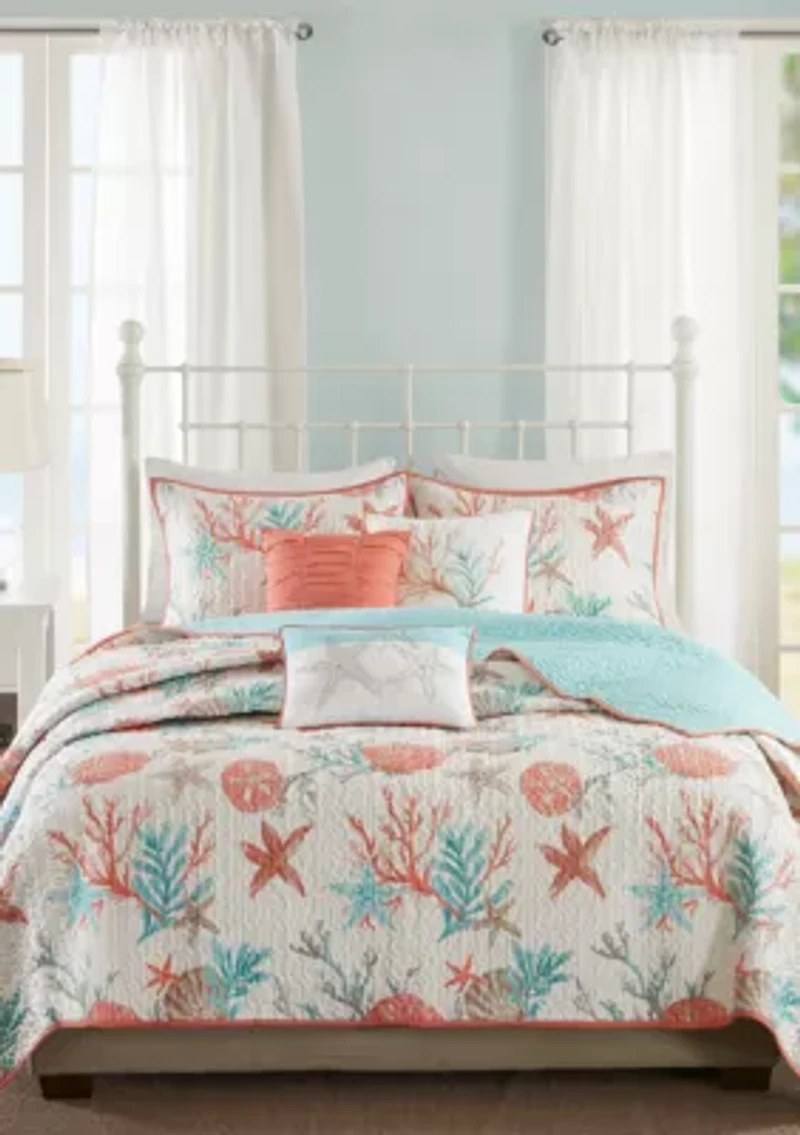 Pebble Beach 6 Piece Cotton Sateen Quilt Set with Throw Pillows