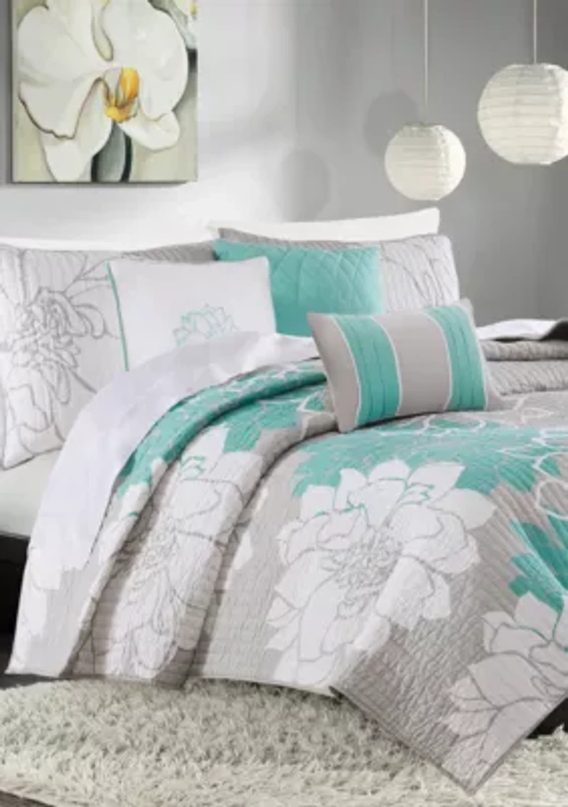 Lola Cotton Sateen Soft Floral Print 6 Piece Quilt Set