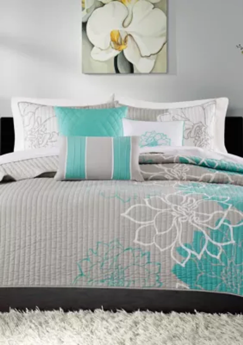Lola Cotton Sateen Soft Floral Print 6 Piece Quilt Set