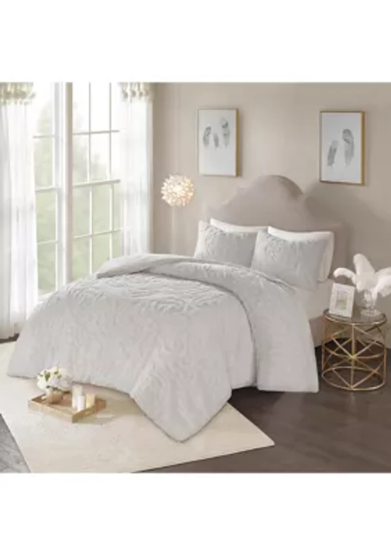 Laetitia 3 Piece Tufted Cotton Chenille Medallion Duvet Cover Set