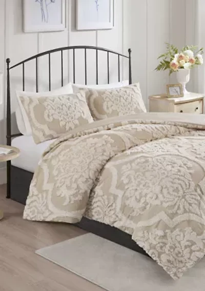 Viola 3 piece Tufted Cotton Chenille Damask Duvet Cover Set