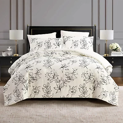 Inked Floral 3-Piece Cotton Sateen Comforter Set
