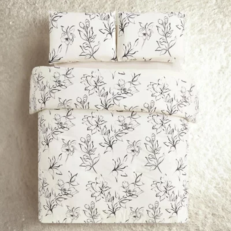 Inked Floral 3-Piece Cotton Sateen Comforter Set