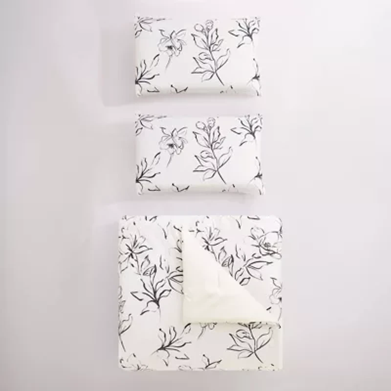 Inked Floral 3-Piece Cotton Sateen Comforter Set